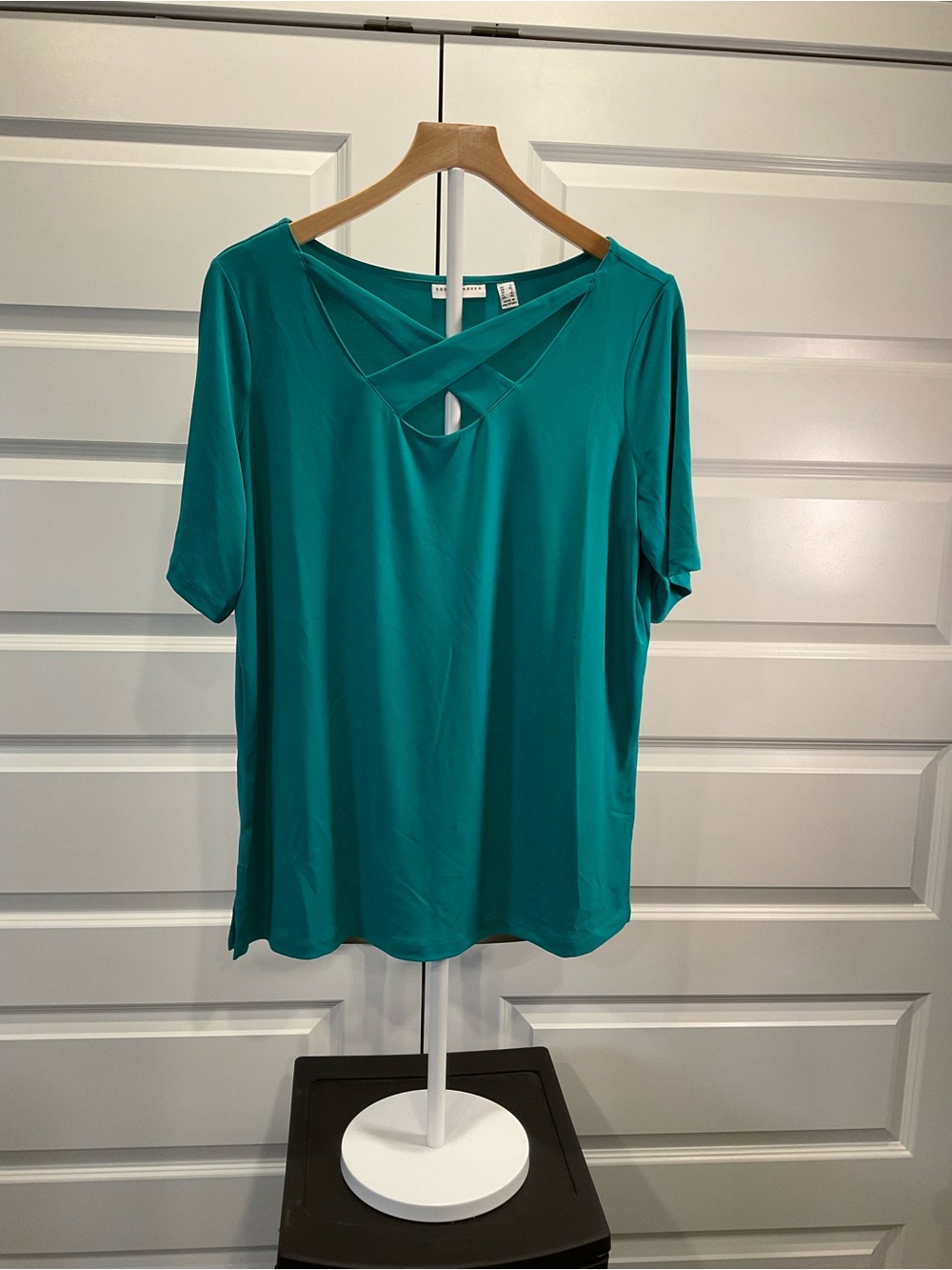 Susan Graver Teal Short-Sleeve Crisscross Neck Top